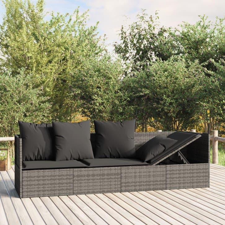vidaXL Loungebed met kussens poly rattan grijs, Tuin en Terras, Ligbedden, Nieuw, Verzenden