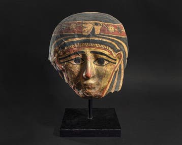 Oud-Egyptisch Verguld kartonnage Grafmasker. Voormalige