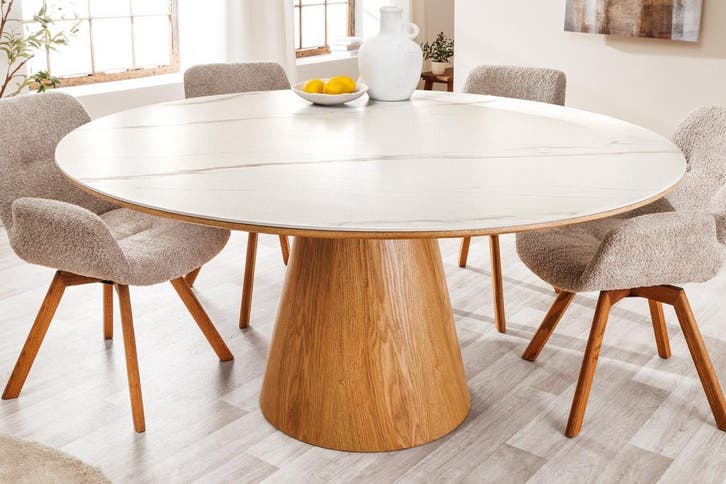 Ronde eettafel UNIQUE 120 cm wit natuurlijk eiken keramiek, Huis en Inrichting, Tafels | Eettafels, Ophalen of Verzenden