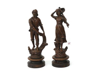 Paar gebronsd metalen beelden op houten voeten. Vissers stel, Antiek en Kunst, Kunst | Beelden en Houtsnijwerken