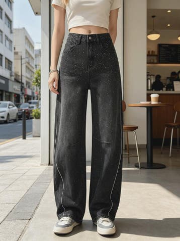 Dames Y2K Jeans met Strass en Wijde Pijpen - Zwart Gewassen, Verzenden, Nieuw