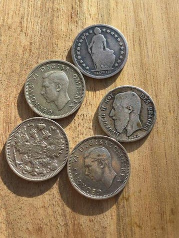 Wereld. Lot de 5 Monnaies en Argent : 6 pence Georges VI, 50, Postzegels en Munten