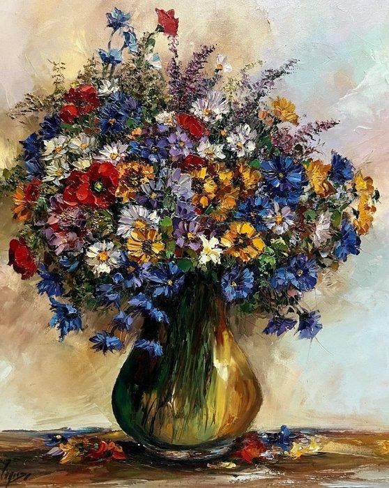 Aneta Karpezo - Fleurs dans un vase, Antiek en Kunst, Kunst | Schilderijen | Klassiek