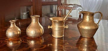Vijzel en stamper - Gegoten messing - Set van 4 stuks