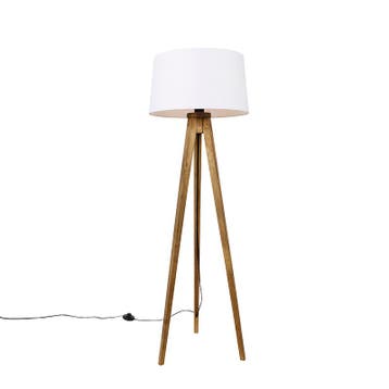 Landelijke tripod vintage hout met linnen kap wit 45 cm -, Huis en Inrichting, Lampen | Vloerlampen, Verzenden, Nieuw, Hout, Landelijk