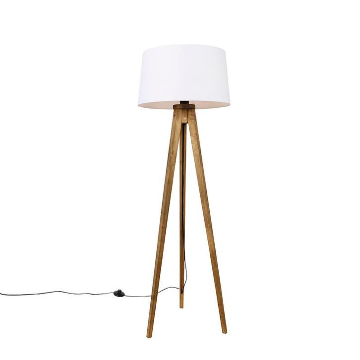 Landelijke tripod vintage hout met linnen kap wit 45 cm -, Huis en Inrichting, Lampen | Vloerlampen, Nieuw, Hout, Verzenden