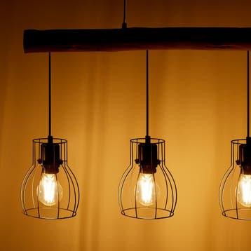 Hanglamp Woody, 4-lichts, met houten balk, 40 W, Verzenden, Nieuw