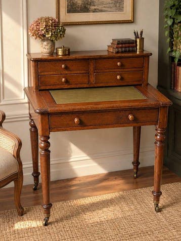 Bureau - Eik, Leder, metaalhandel - antiek schrijfbureau