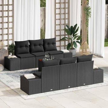 vidaXL Tuinbankenset met kussen 7 pcs Zwart poly rattan, Verzenden, Nieuw, Rotan, 7 zitplaatsen
