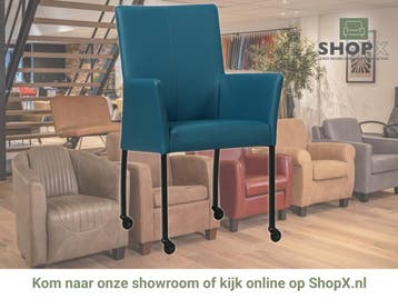 Leren eetkamerstoel Comfort met wieltjes en armleuning -, Blauw, Nieuw, Leer, Ophalen of Verzenden