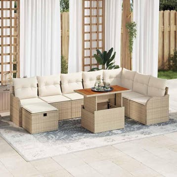 vidaXL Tuinbankenset 9 st Beige poly rattan, Verzenden, Nieuw, Rotan, Meer dan 8 zitplaatsen