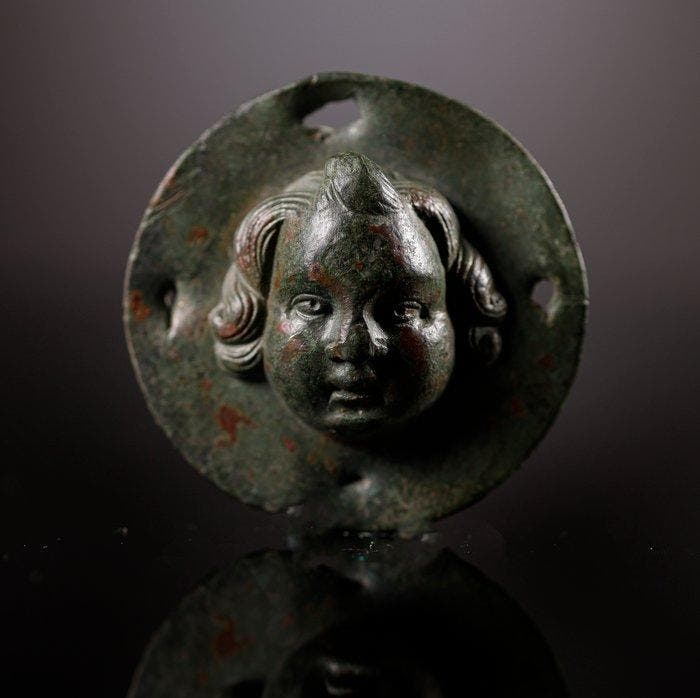 Roman bronzen toneelmasker - 6 cm, Verzamelen, Mineralen en Fossielen