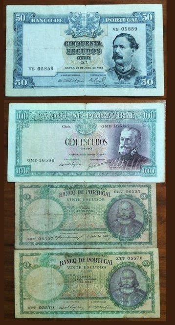 Portugal. - 4 Banknotes - various dates (Zonder