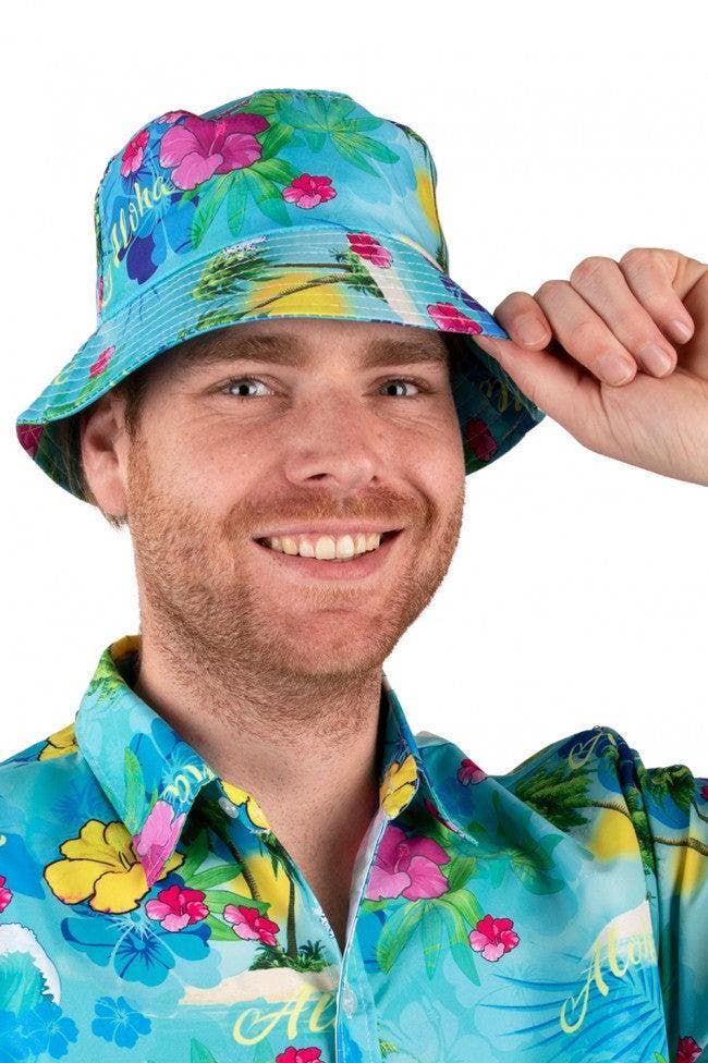 Vissershoedje Hawaiiprint Blauw, Kleding | Dames, Carnavalskleding en Feestkleding, Verzenden