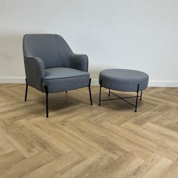 complete set fauteuil + poef, grijs - zwart, Ophalen of Verzenden, Gebruikt, Grijs, Stof