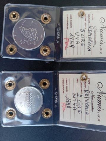 Italië, Republiek 5 Lire 1949 + 2 Lire 1948 (Zonder