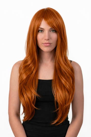 KIMU® Luxe Lange Koper Oranje Pruik Haar Schuine Pony Bruin, Ophalen of Verzenden, Nieuw, Carnaval
