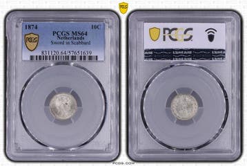 Koning Willlem III 10 cent 1874 Scabbard MS64 PCGS, Verzenden, Munten