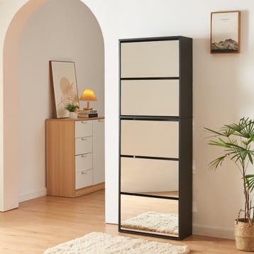 Schoenenkast Lund met 5 kleppen spiegeldeuren zwart 169x60x2, Verzenden, Nieuw