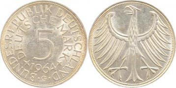 5 Mark Duitsland 5 Dm 1964 G bfr J 387 bfr zilver, Verzenden