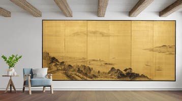 Byôbu  (vouwscherm) - Gelakt hout, gouden zijde, papier -