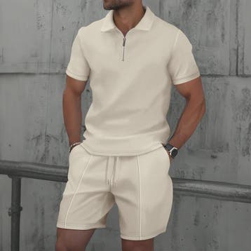 Zomerse Wafel Set: Poloshirt met Rits en Shorts, Verzenden, Nieuw