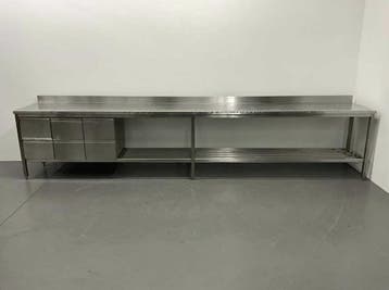 RVS werktafel met spatrand en lades (450 cm), Zakelijke goederen, Ophalen of Verzenden, Gebruikt, Overige typen