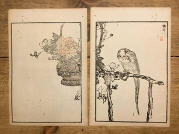 Antieke Japanse tweeluik houtblok prent van een parkiet (,