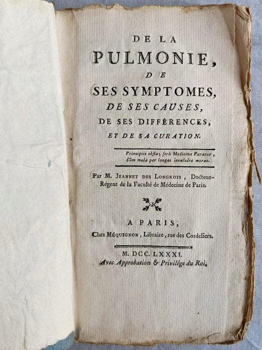 Jeannet des Longrois - De la pulmonie, de ses symptomes, de, Antiek en Kunst, Antiek | Boeken en Bijbels