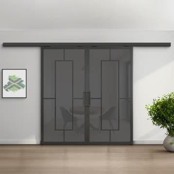 Dubbele stalen schuifdeur met koofsysteem Zwart 5 Vlaks Rook, Nieuw, Metaal, 75 tot 150 cm, 150 tot 225 cm
