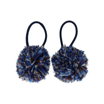 Haarelastieken – Pompom 4cm – Multicolor Blauw – Set van 2, Nieuw
