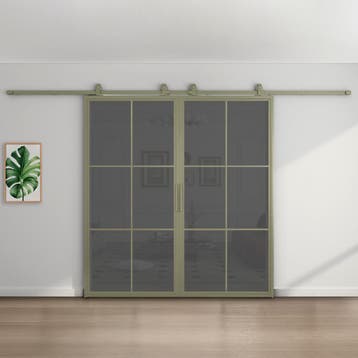 Dubbele stalen schuifdeur - 6 Vlaks - Kiezelgrijs - Rookglas, Doe-het-zelf en Verbouw, Kozijnen en Schuifpuien, 75 tot 150 cm