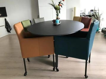 Set van 6 leren kuip eetkamerstoelen met wieltjes - Grijs, Ophalen of Verzenden, Nieuw, Leer