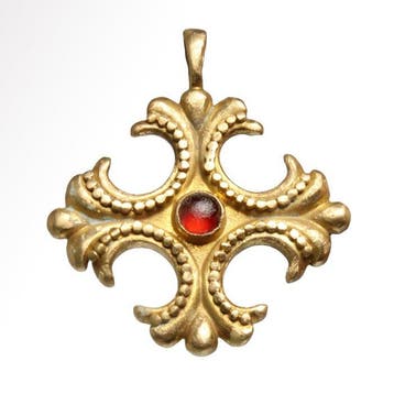 Byzantijns Goud, Granaat Fleur de Lys-kruis hanger