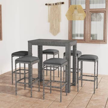 vidaXL 7-delige Tuinbarset met kussens poly rattan grijs, Verzenden, Nieuw, 6 zitplaatsen