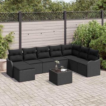 vidaXL Tuin Sofa Set 9 st Zwart poly rattan, Verzenden, Nieuw, Rotan, Meer dan 8 zitplaatsen