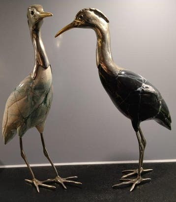 sculptuur, 2 reigers - 40 cm - Brons, Keramiek, Nieuw