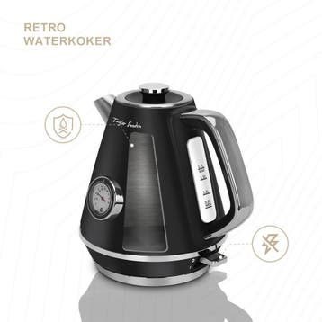 Waterkoker - Retro - met thermometer - 1.7L - 2200W - Zwart, Verzenden, Zo goed als nieuw
