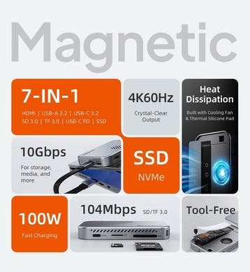 Cabletime 7-in-1 magnetische USB-C hub met SSD-behuizing, Nieuw, Laptop, Ophalen of Verzenden, Cabletime