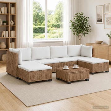 vidaXL 7 st Rieten Loungeset met Kussens GENDT Natuurlijk, Nieuw, Loungeset, 7 zitplaatsen, Verzenden