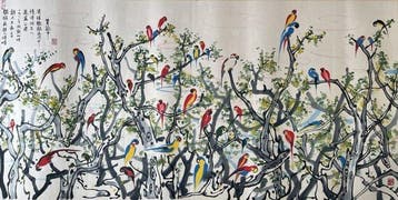 INK AND COLOR ON PAPER PAINTINGParrot Paradise -