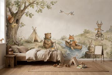 Bosdieren behang kinderkamer – kamperen in het bos, Verzenden, Fotobehang