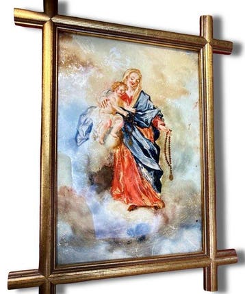 Schilderij op glas - Maagd met het Kind - 18 x 22 cm -, Antiek en Kunst