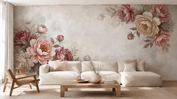 Bloemen behang – grote pioenen in roze en champagne, Huis en Inrichting, Bloemen, Overige merken, Ophalen of Verzenden, Fotobehang