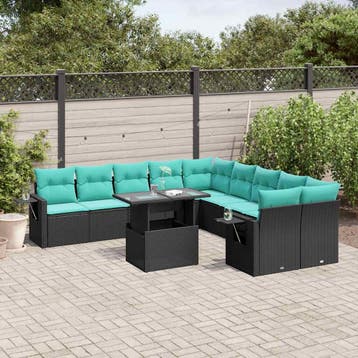 vidaXL 11-delige tuinbankset met kussens, zwart polyrotan, Verzenden, Nieuw