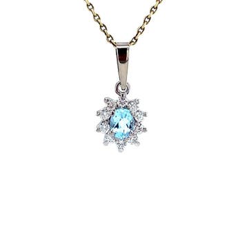 Witgouden entourage hanger met diamant en topaas 14 karaat*, Verzenden, Zo goed als nieuw, Goud