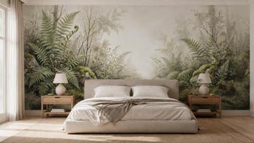 Botanisch behang – groene varens in een licht bos, Huis en Inrichting, Bladeren, Overige merken, Ophalen of Verzenden, Fotobehang