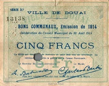 France Komitat 59 Douai Bon De 5 Francs 30/08/1914 D3, Postzegels en Munten, Verzenden
