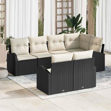 vidaXL Tuinbankenset 7 st Zwart en Wit poly rattan, Verzenden, Nieuw, Rotan, 7 zitplaatsen