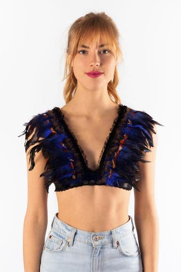 KIMU® Top met Veren Blauw Bruin XS S M Verentop Steampunk To, Ophalen of Verzenden, Nieuw, Carnaval, Kleding